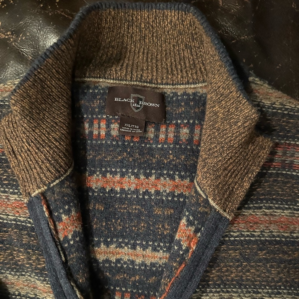 Men's Striped Navy and Brown Zip Up Sweater